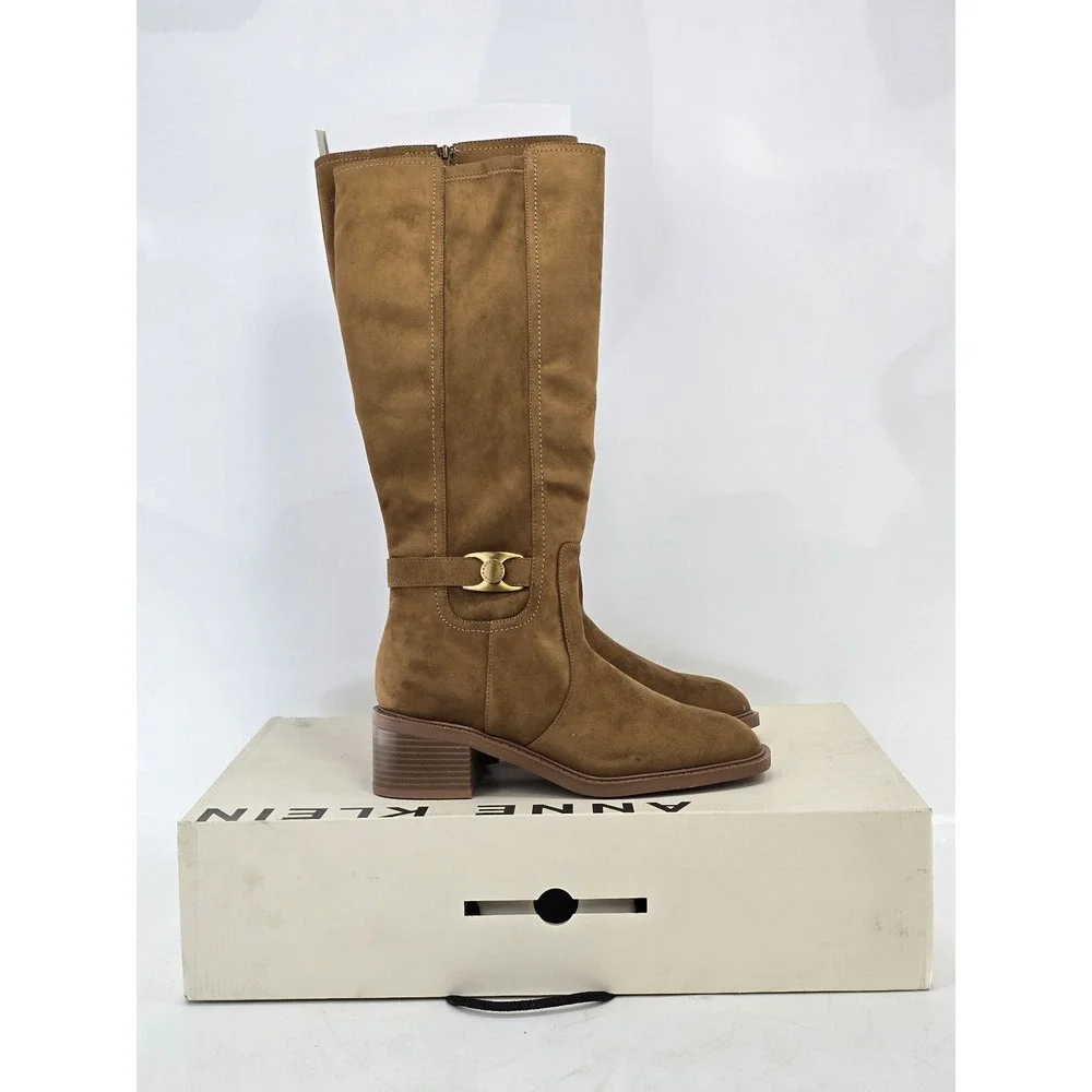 Anne Klein Akanessa Knee High Boots Women 11 Tan Suede Block Heel - New